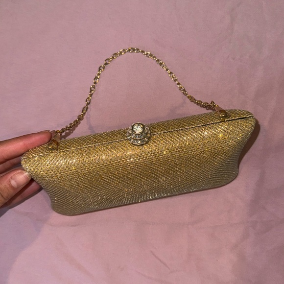 Gold Evening Clutch Purse with Rhinestone Knob - Picture 6 of 9